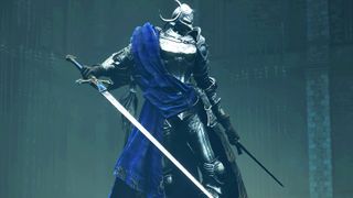 An armored knight with a blue sash and two swords